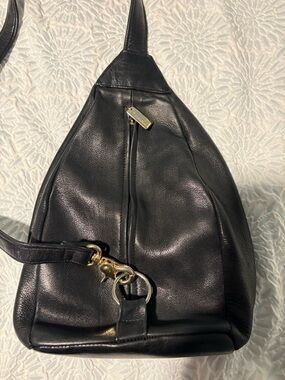 Tignanello Black Adjustable Leather Sling Bag with Gold Hardware euc